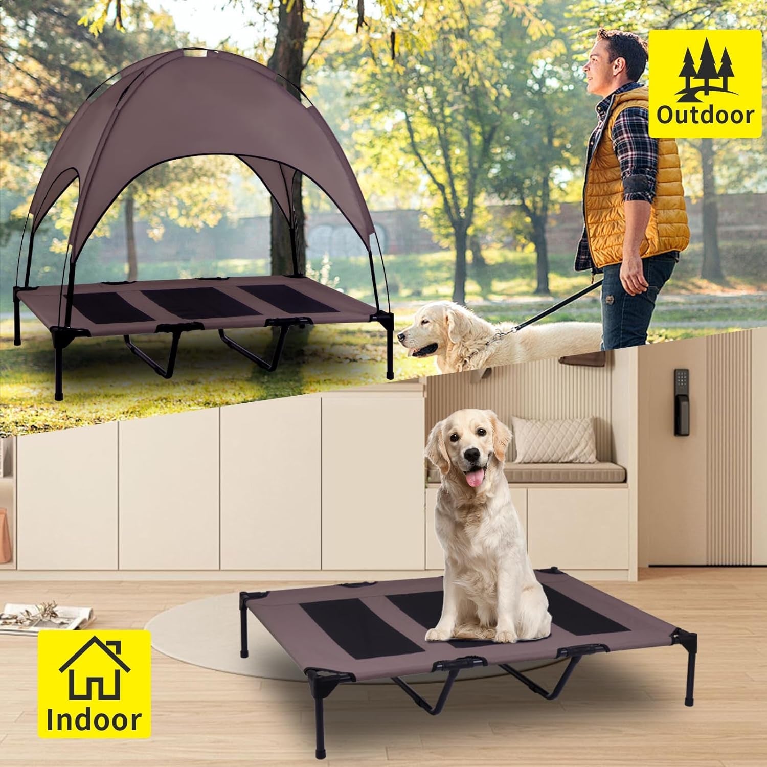 Elevated Outdoor Dog Bed with Canopy, Raised Removable Cover Cooling Dog Beds with Waterpoof Shade Dog Tent outside Portable Dog Cot for Large Dogs Pet (Brown)