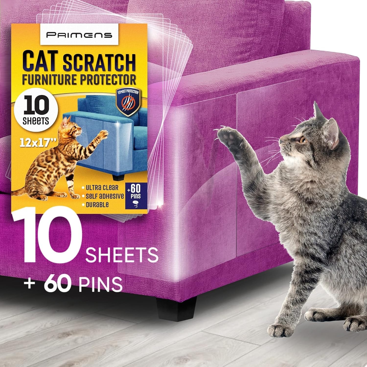 Heavy Duty Cat Scratch Deterrent Furniture Protectors for Sofa, Doors, Clear Couch Protectors from Cats Scratching, anti Cat Scratch Tape Guards (Transparent, 10 Sheets 17X12)