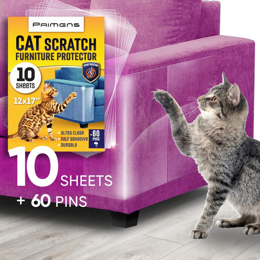 Heavy Duty Cat Scratch Deterrent Furniture Protectors for Sofa, Doors, Clear Couch Protectors from Cats Scratching, anti Cat Scratch Tape Guards (Transparent, 10 Sheets 17X12)