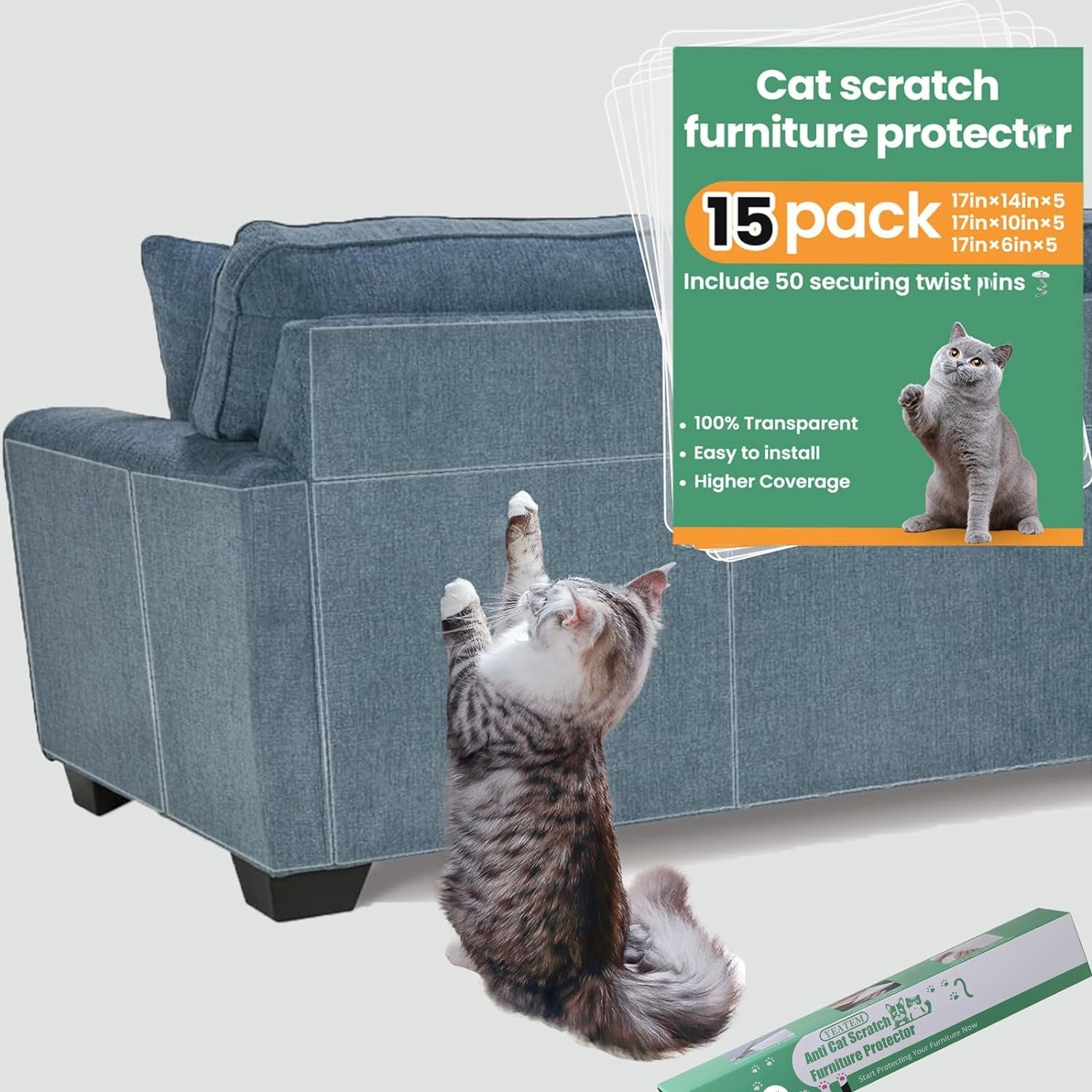 15Pack Cat Scratch Furniture Protector,Clear Couch Protector from Cat Claws, Single-Sided Self-Adhesive Cat Scratch Deterrent for Furniture Door Walls, Cat Scratch Deterrent Tape+50 Pins