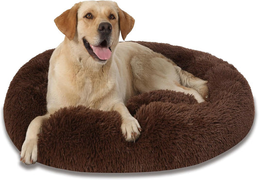 Dog Beds for Large Dogs, Big Calming Dog Bed Washable, Pet Beds for Medium Dogs to Extra Large Dogs, 36 Inch Plush round Donut anti Anxiety XL Dog Bed, Dark Brown