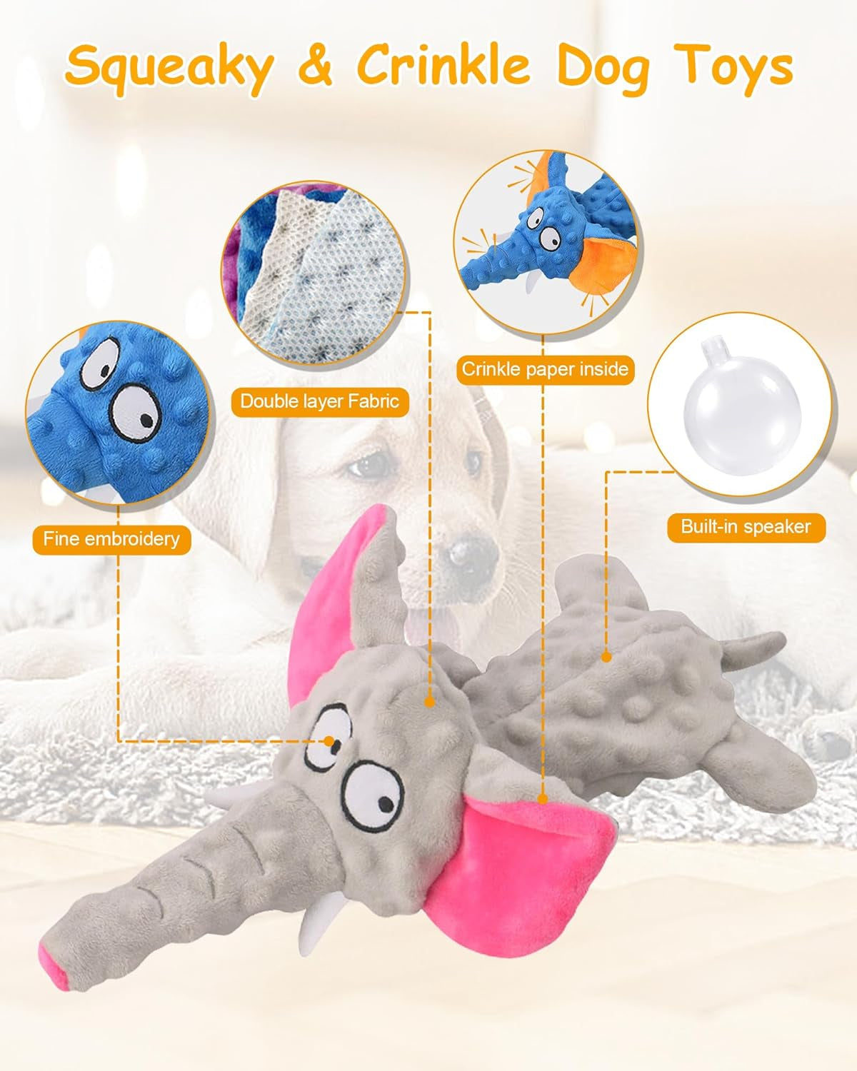 2 Pack Dog Squeaky Toys, No Stuffing Dog Toys, Crinkle Plush Dog Toys for Puppy Teething,Dog Chew Toys for Small, Medium Dogs, 2 Pack- Elephant Gray & Octopus