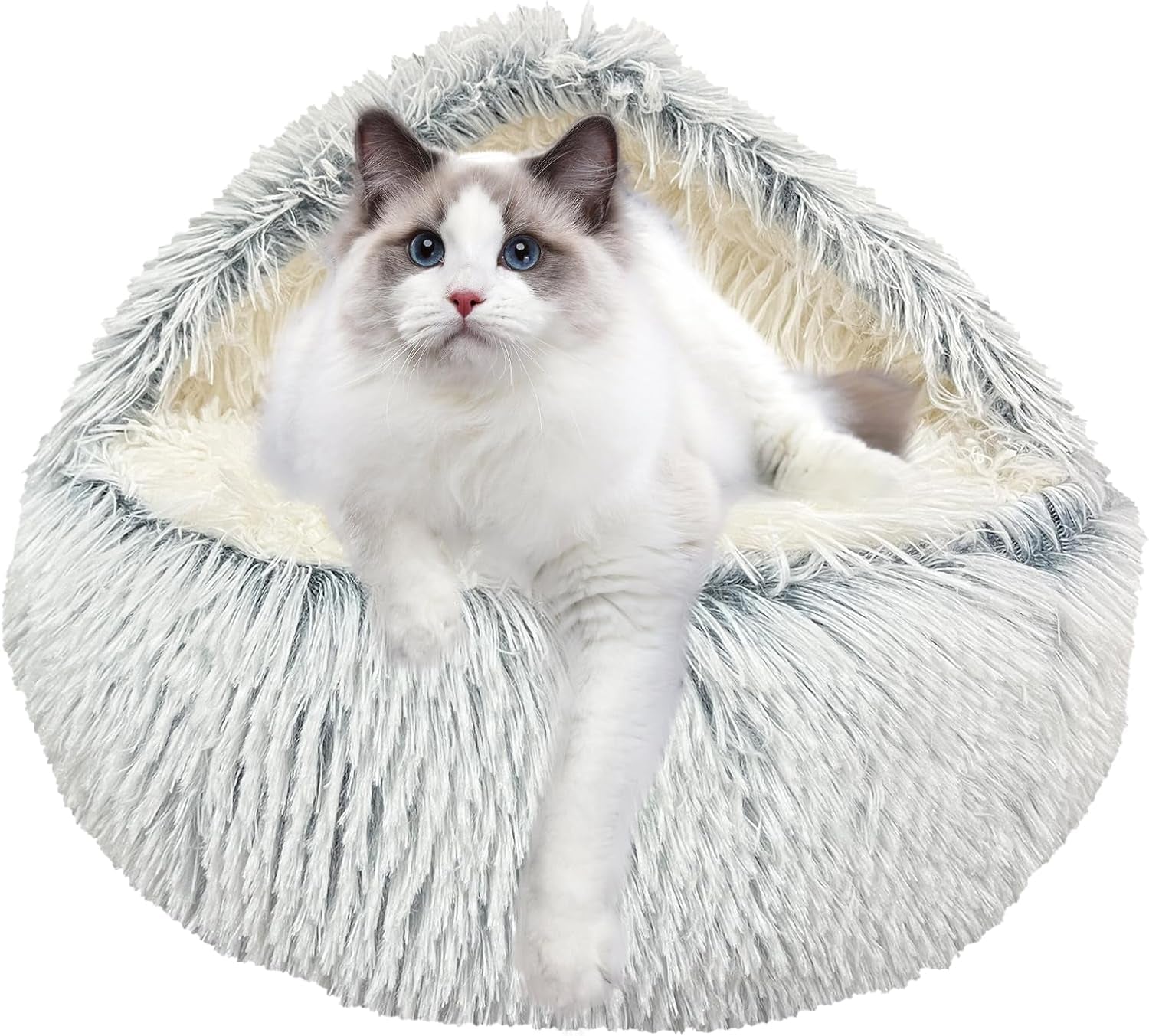 Calming Dog Beds & Cat Cave Bed with Hooded Cover, Anti-Anxiety Soft Plush Faux Fur round Beds for Puppies and Kitties, Cozy Warm Fluffy Sleeping Nest (Coffee)