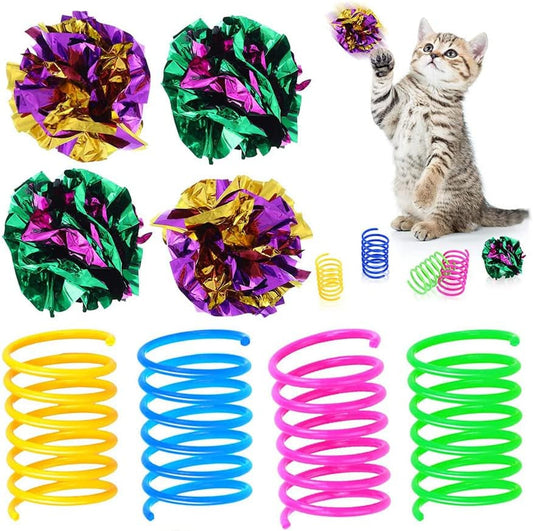 14 Pieces Cat Spiral Spring Christmas Toys Assorted Color Glitter Balls Sparkle Small Pom Pom Balls Colorful Kitten Crinkle Toys Cat Mylar Balls with Rustle Sound for Cats Kittens Playing Interacting