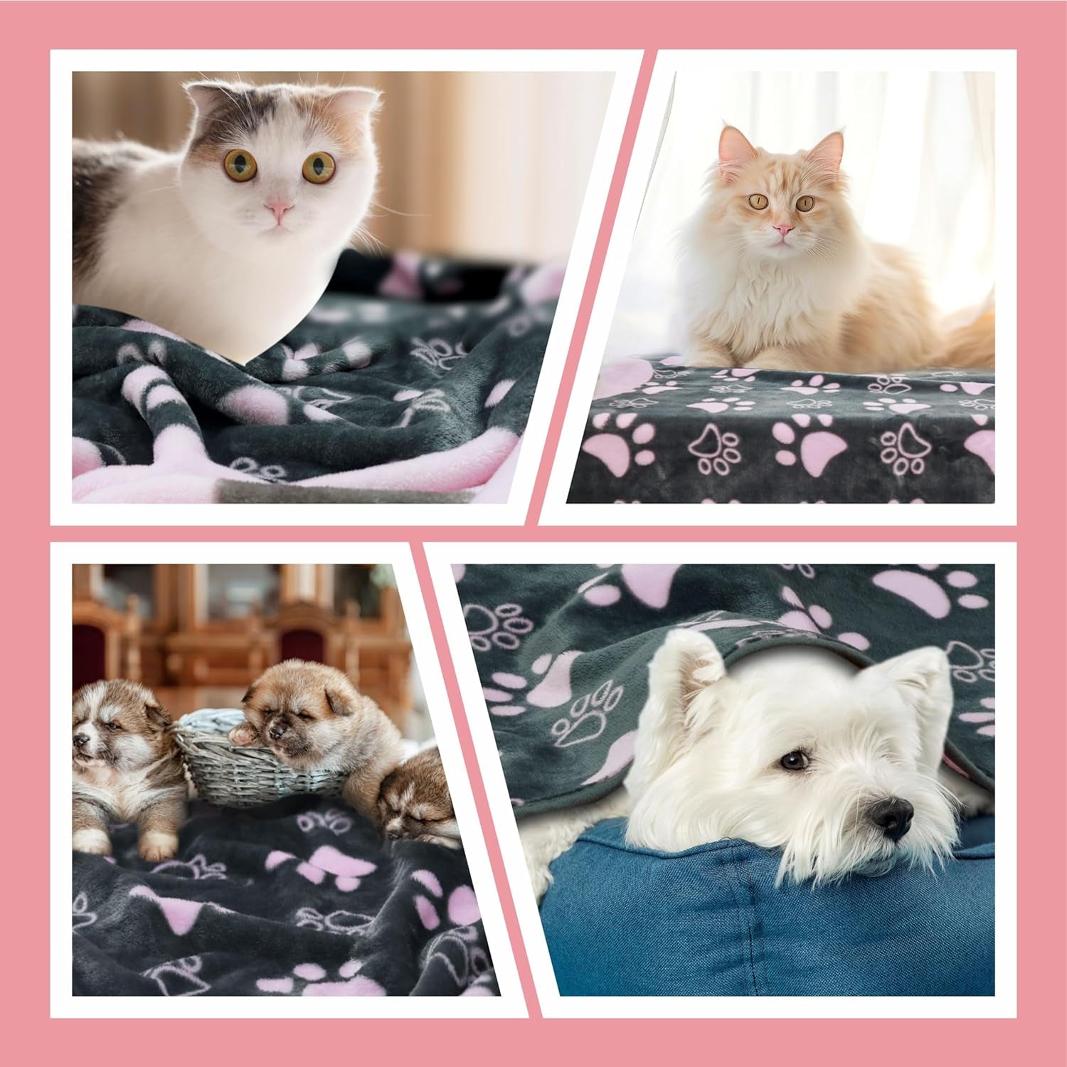 Dog Blanket, Grey Pink Flannel Fleece Blanket for Small Medium Dogs, Pet Puppy Blankets Gift for Kitten Cat, Cute Paw Print Blanket for Bed Cover, Couch, Crate, 41X31 Inch