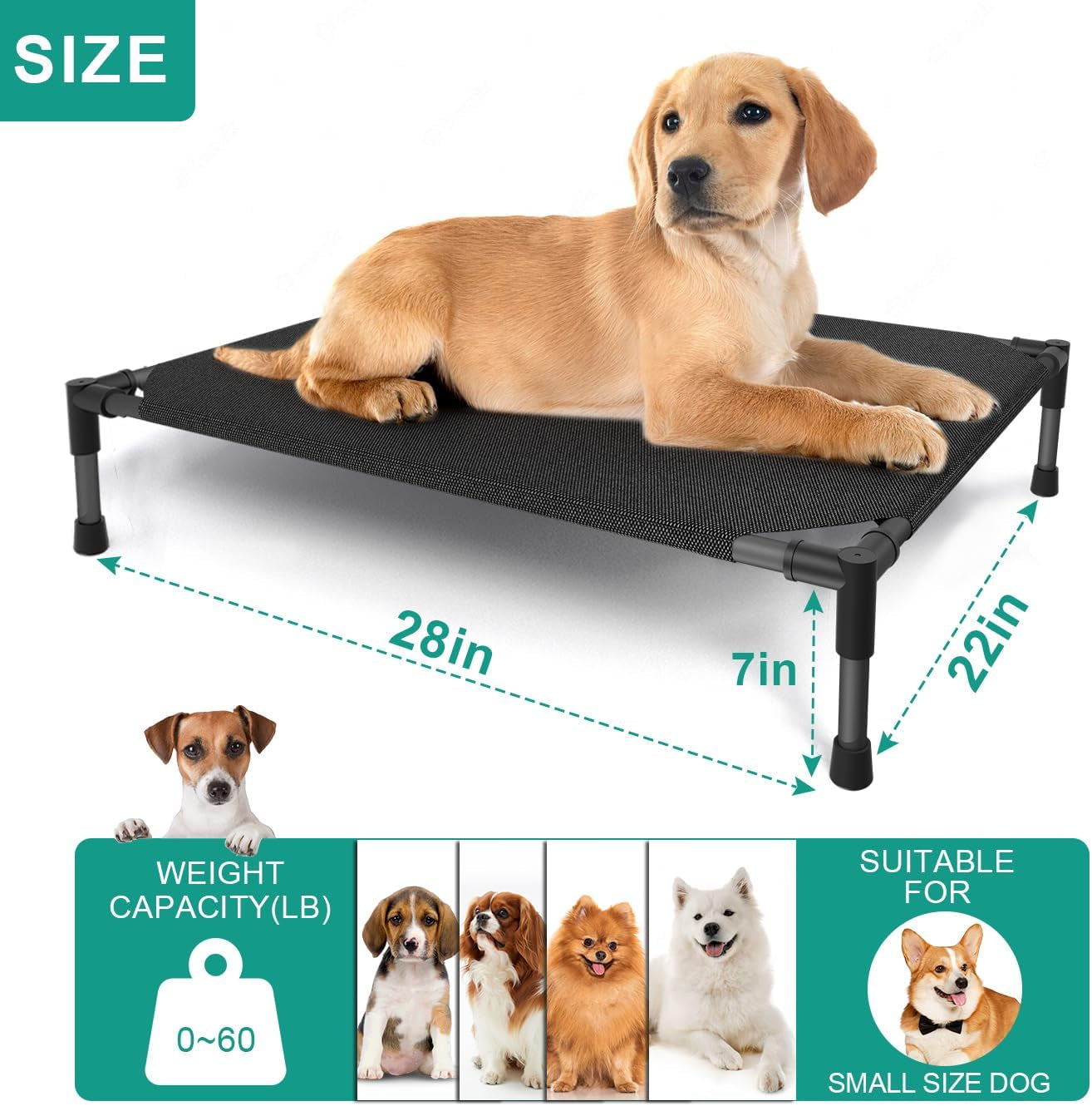 Elevated Outdoor Dog Bed Small 28X22X7In Raised Dog Bed Summer Waterproof Dog Cot Bed Breathable Teslin Mesh, Durable, Non-Slip, Portable Dog Camping Bed Maximum Weight Capacity 60 Lbs. Black