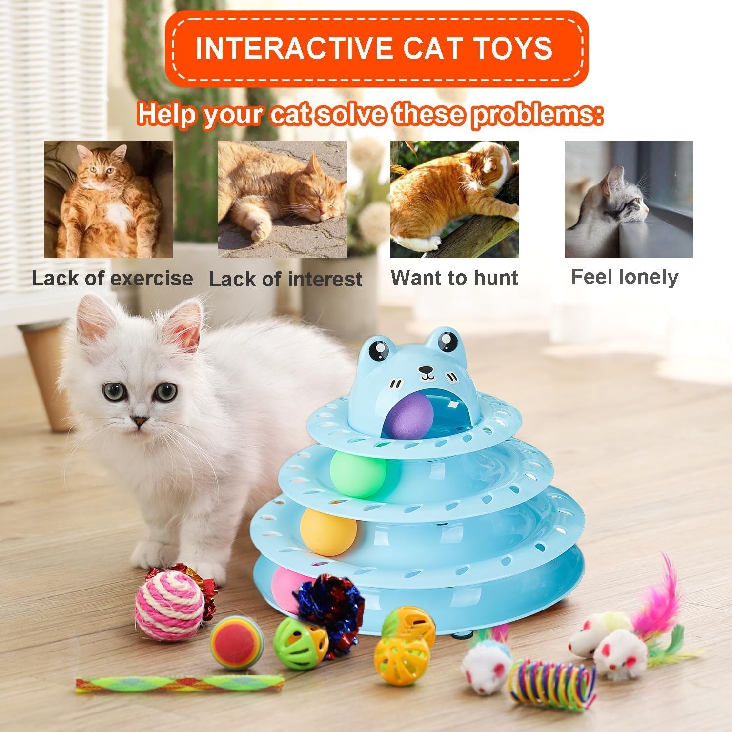 17 Pack Cat Toys, 4-Level Turntable Ball Track Interactive Cat Toy for Indoor Cats, Self Play Fun Roller with Colorful Rotating Ball Puzzle Exercise Kitten Toys Set