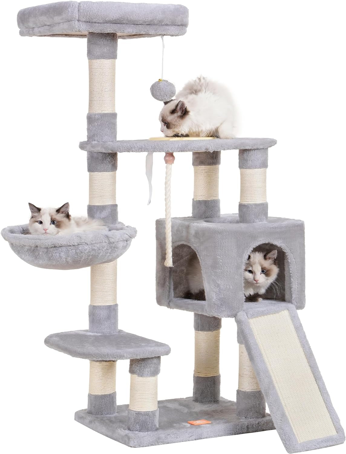 Heybly Cat Tree with Cat Self Groomer Brush, Cat Tower Condo for Indoor Cats with Padded Plush Perch,Feeding Bowl,Cat House with Basket Scratching Board Post, Light Gray HCT005SW