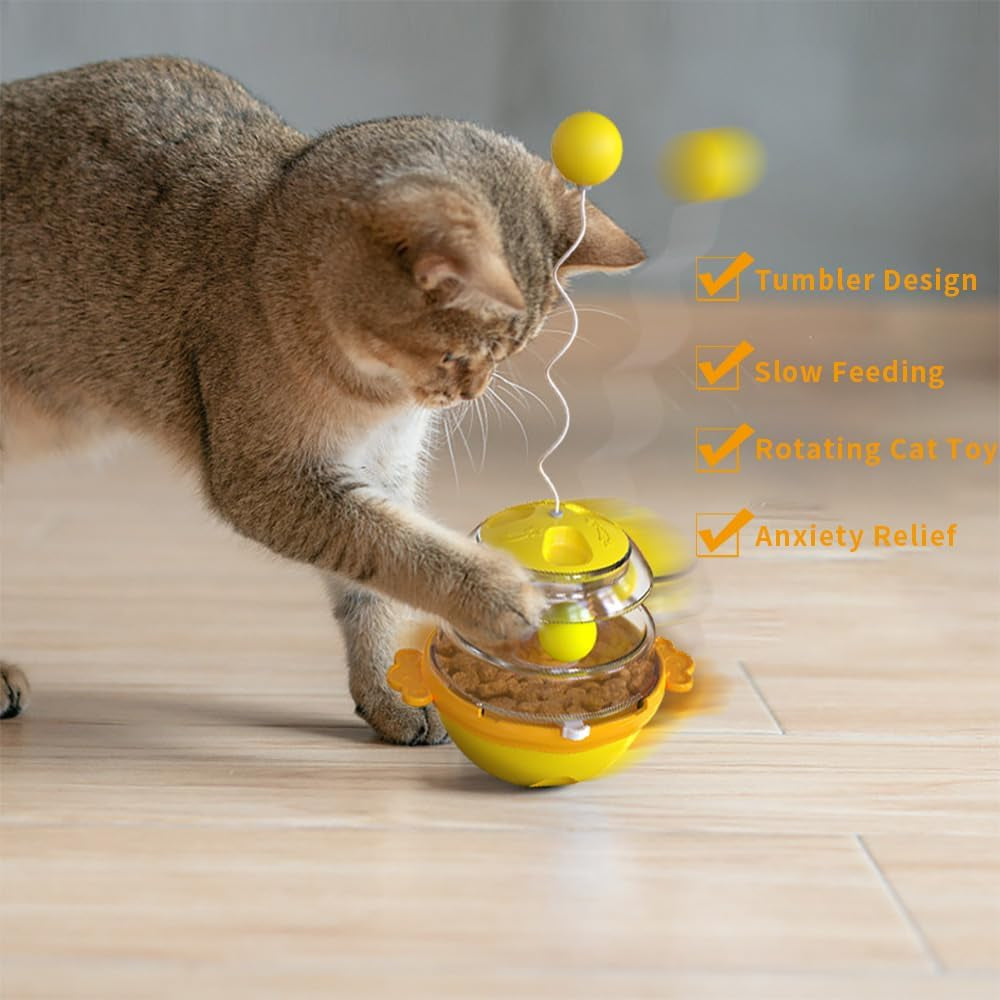 2-In-1 Cat Treat Puzzle with Balls, Indoor Cat Treat Dispenser Toy, Interactive Feeder Ball Toy, Cat Treats Temptations, Tumbler Brain Stimulating Puzzle Feeder, for Cats (Yellow)