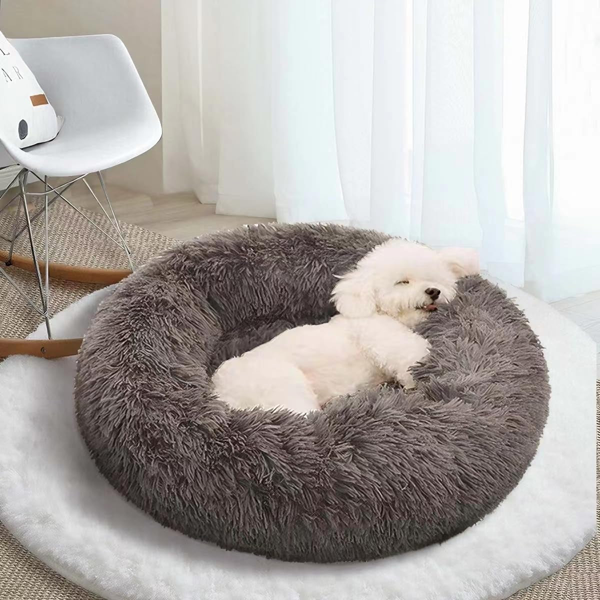 Deluxe Calming Dog Bed for Small Medium Dogs & Cats - Anti-Anxiety Donut Cuddler Cozy Warm Soft Fluffy Faux Fur round Beds Sizes 24" Puppy Bed (Dark Grey, Small)