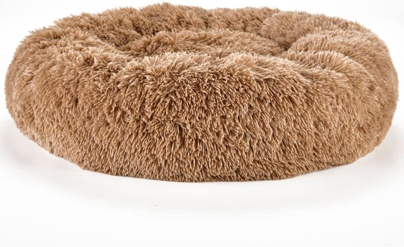 Calming Dog & Cat Bed, Anti-Anxiety Donut Dog Cuddler Bed, Warming Cozy Soft round Pet Bed, Fluffy Faux Fur Plush Cushion Bed for Dogs and Cats (Medium 24X24X8, Khaki Brown)