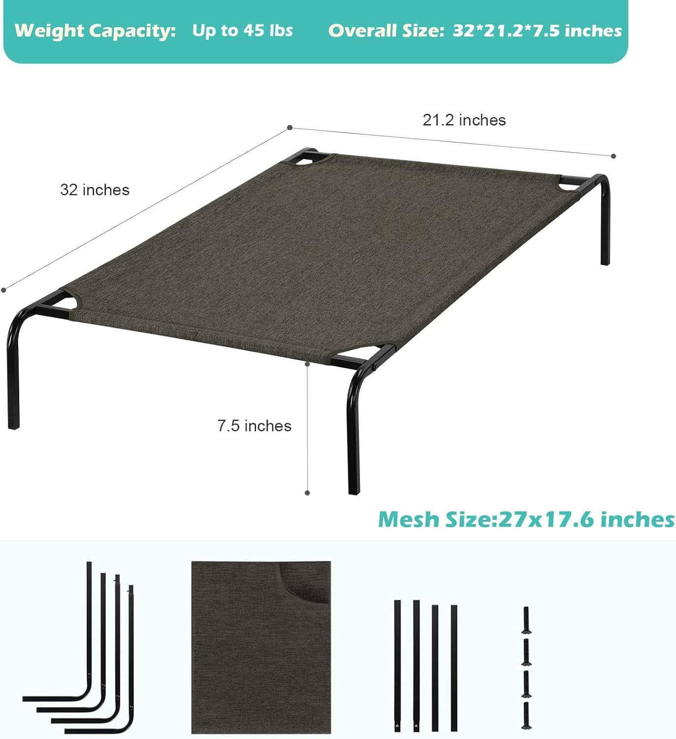 Elevated Pet Bed Raised Dog Bed for Small Dogs with Metal Frame up to 60 Lbs Outdoor Dog Cot with Breathable Mesh for Indoor Home, Camping or Beach, Dark Brown