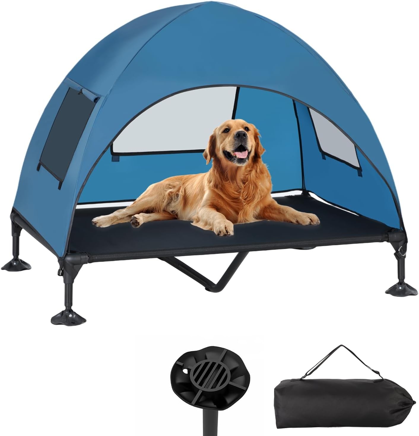 Elevated Outdoor Dog Bed with Canopy, Cooling Raised Dog Cot Bed with Removable Shade, Portable Pet Bed Cot with 360° Adjustable & Non-Slip Feet, Dog Tent Bed for Large Dogs Camping, Indoor & Outdoor