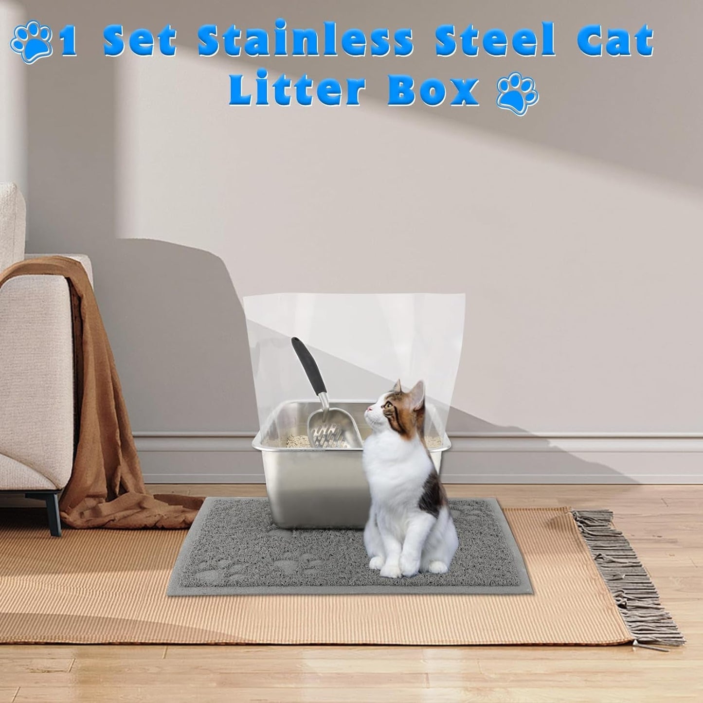 YUEPET 1 Set Stainless Steel Cat Litter Box with High Sides, Durable Metal Cat Litter Basin Pan Easy to Clean Cat Litter Tray for Odor Control with Cat Litter Scoops Cat Litter Mats 17.5"X13.6"X6"