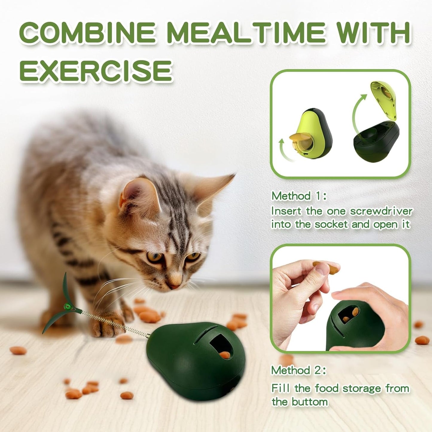 3-In-1 Interactive Cat Toys for Indoor Cats, Catnip Toys for Cats with Feather Cat Toy Wand & Cat Treat Dispenser, Tumbler Avocado Cat Puzzle Feeder, Funny Kitten Toys