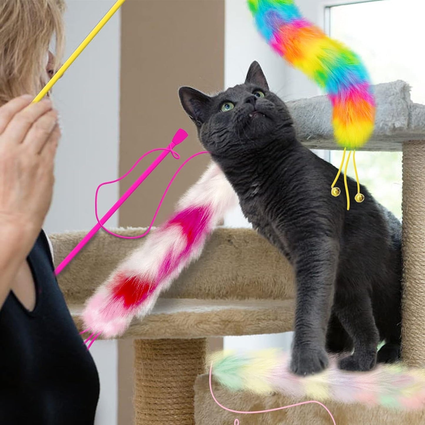 3 Pack Cat Wand Toy, Rainbow Cat Feather Toys with Bells, Cat Teaser Wand with Soft Furry Tail, Interactive Cat Toys for Indoor Cats & Kitten & Kitty