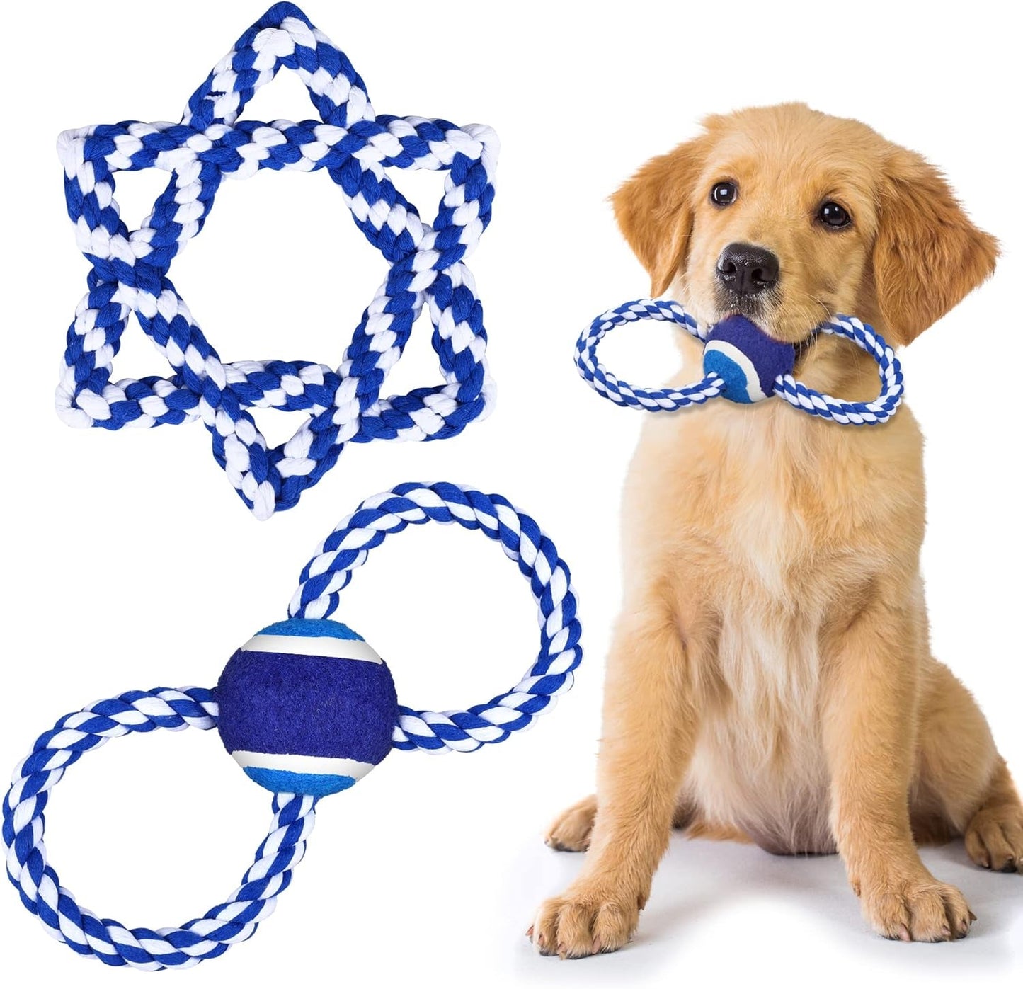 2 Pack Hanukkah Dog Plush Toys Puppy Interactive Stuffed Chew Toys Hexagonal Cotton Rope & Tennis Drawstring Toy for Small Medium Dogs