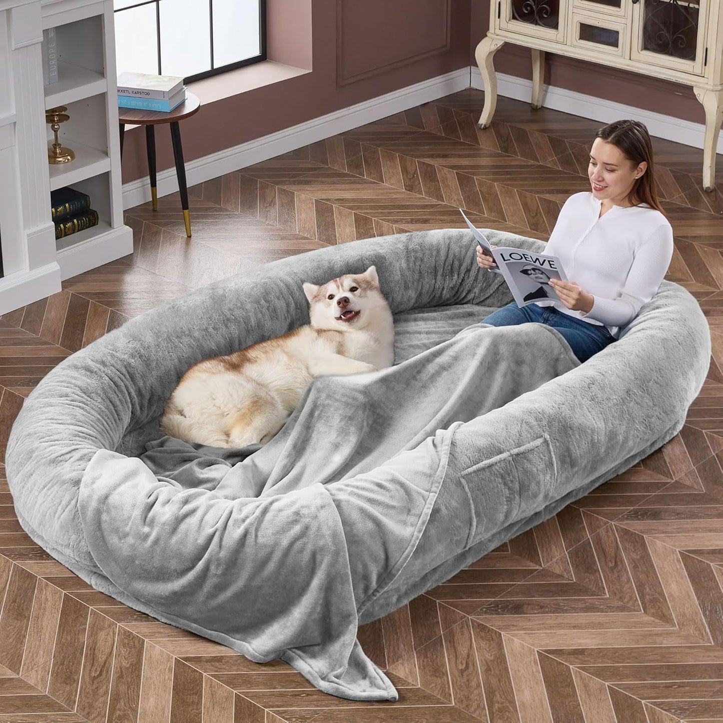 Human Dog Bed Adult Dog Bed Bean Bag Bed for Adults Giant Dog Bed Pet Beds for Large Dogs with Washable Faux Fur Cover Fluffy Dog Beanbeds(Brown)