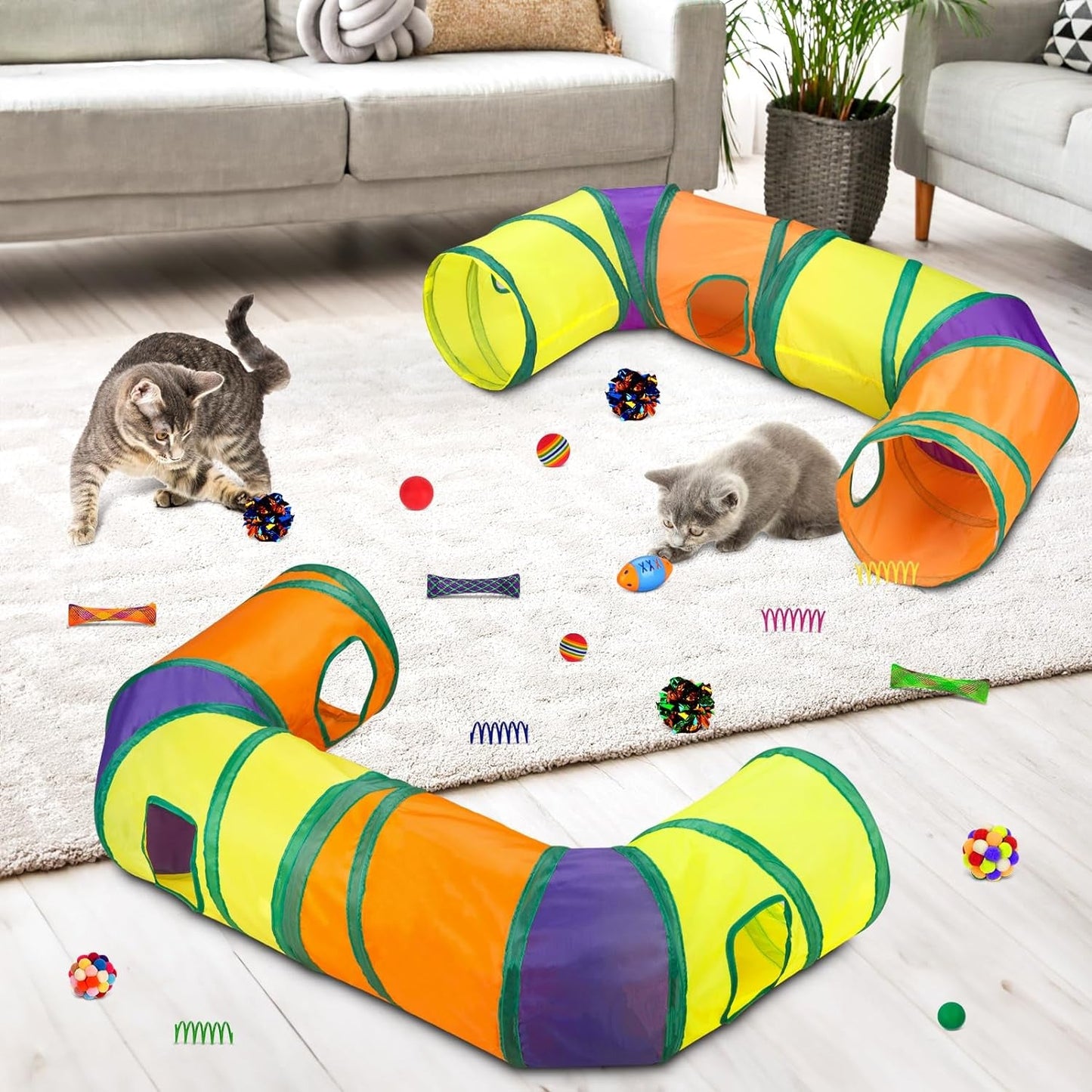 25 Pcs Cat Toys Set,Kitten Toys for Indoor Cats,Collapsible Cat Tunnel Tubes Interactive Feather Teaser Wand Toy for Kitten Cats Springs Mouse Crinkle Toys Rainbow Football Cat Ball with Bell Toy