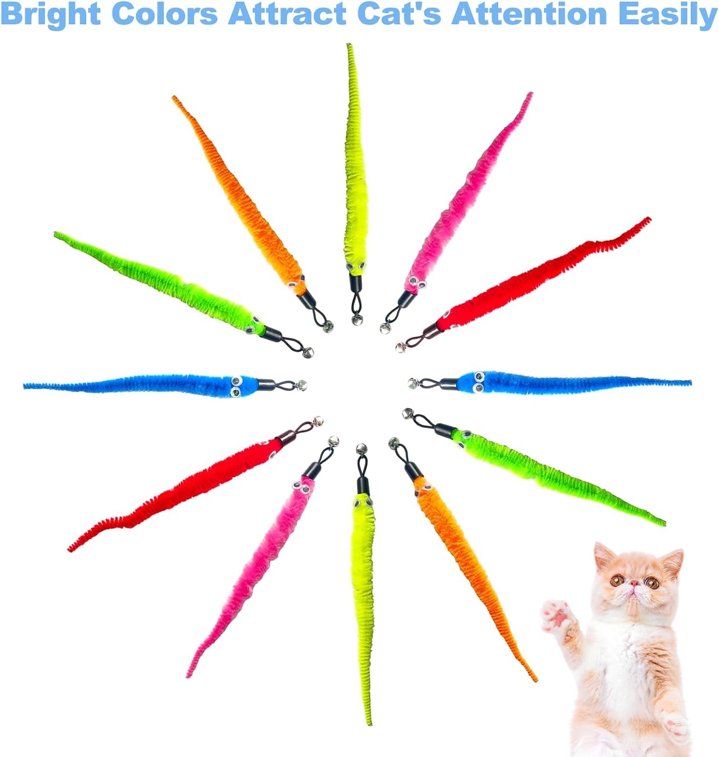 12 Pack Cat Worm Toys Refills, Interactive Cat Toys Wand Attachments with Bells, Cat Feather Toy Replacement, Worm Cat Toy Attachment for Cat Wand, Cat Accessories for Bored Indoor Cats Kitten