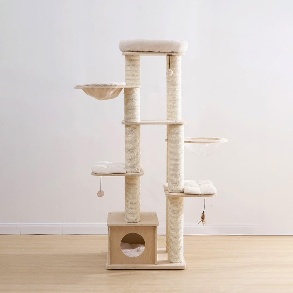 Modern Wood Cat Tree with Interactive Toys Hanging Ball, 65-Inch Cat Tower with Multi-Layer Platform & Condo, Tall Cat Tree with Sisal Rope Scratching Posts, Cat Condo Furniture W/Washable Plush Cushi