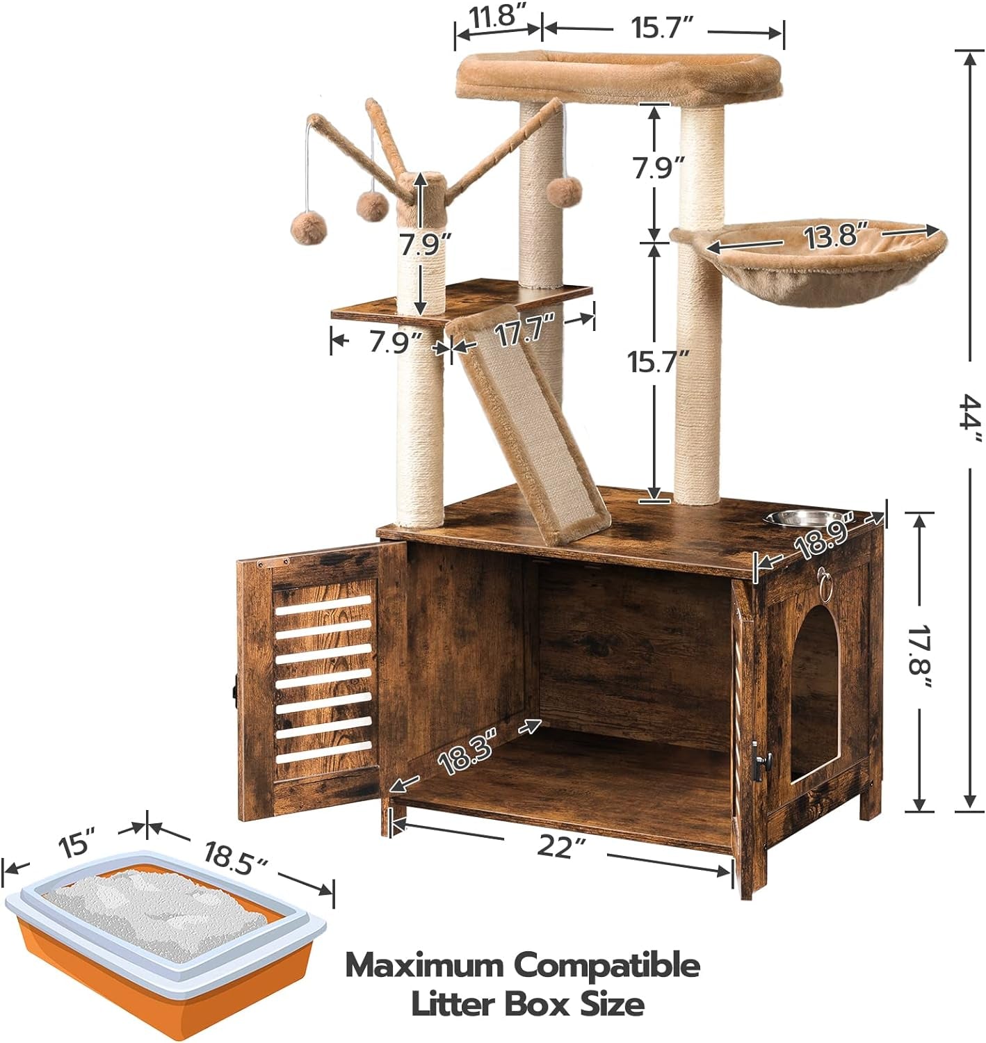 HOOBRO Cat Tree with Litter Box Enclosure, 44" Tall Wooden Cat Tower with Scratching Posts, Cat Hammock, Hidden Litter Box Furniture, All-In-One Indoor Cat Condo, Rustic Brown FG48MZ03