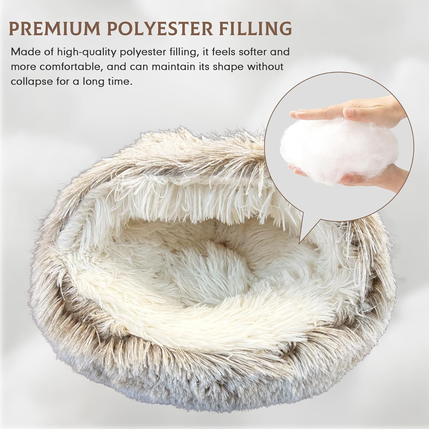 Calming Dog Beds & Cat Cave Bed with Hooded Cover, Anti-Anxiety Soft Plush Faux Fur round Beds for Puppies and Kitties, Cozy Warm Fluffy Sleeping Nest (Coffee)