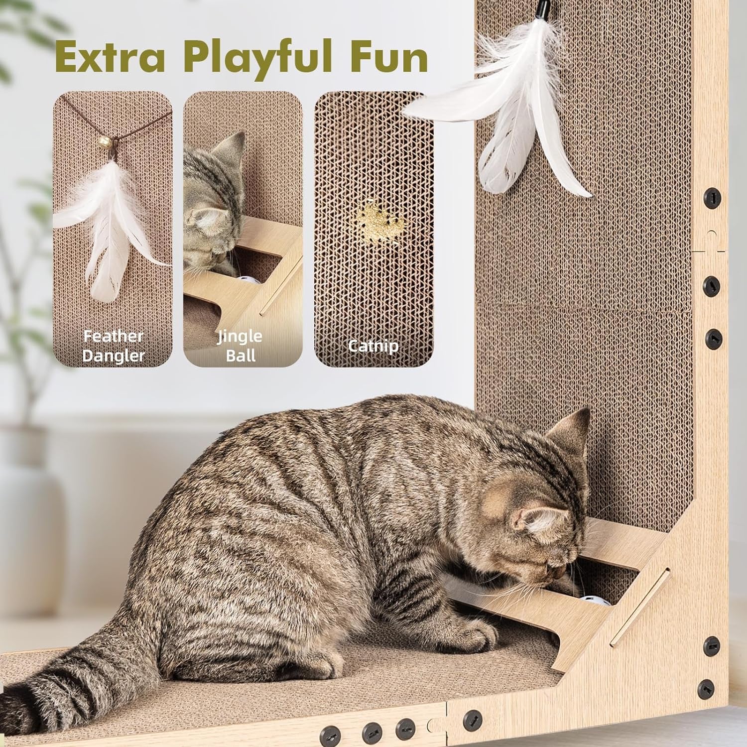 Mora Pets Cat Scratcher, Cat Scratchers for Indoor Cats Cardboard Cat Scratch Pad L Shape Vertical Cat Scratching Board with Ball Feather Toy Catnip Protecting Furniture Large Cat Scratcher