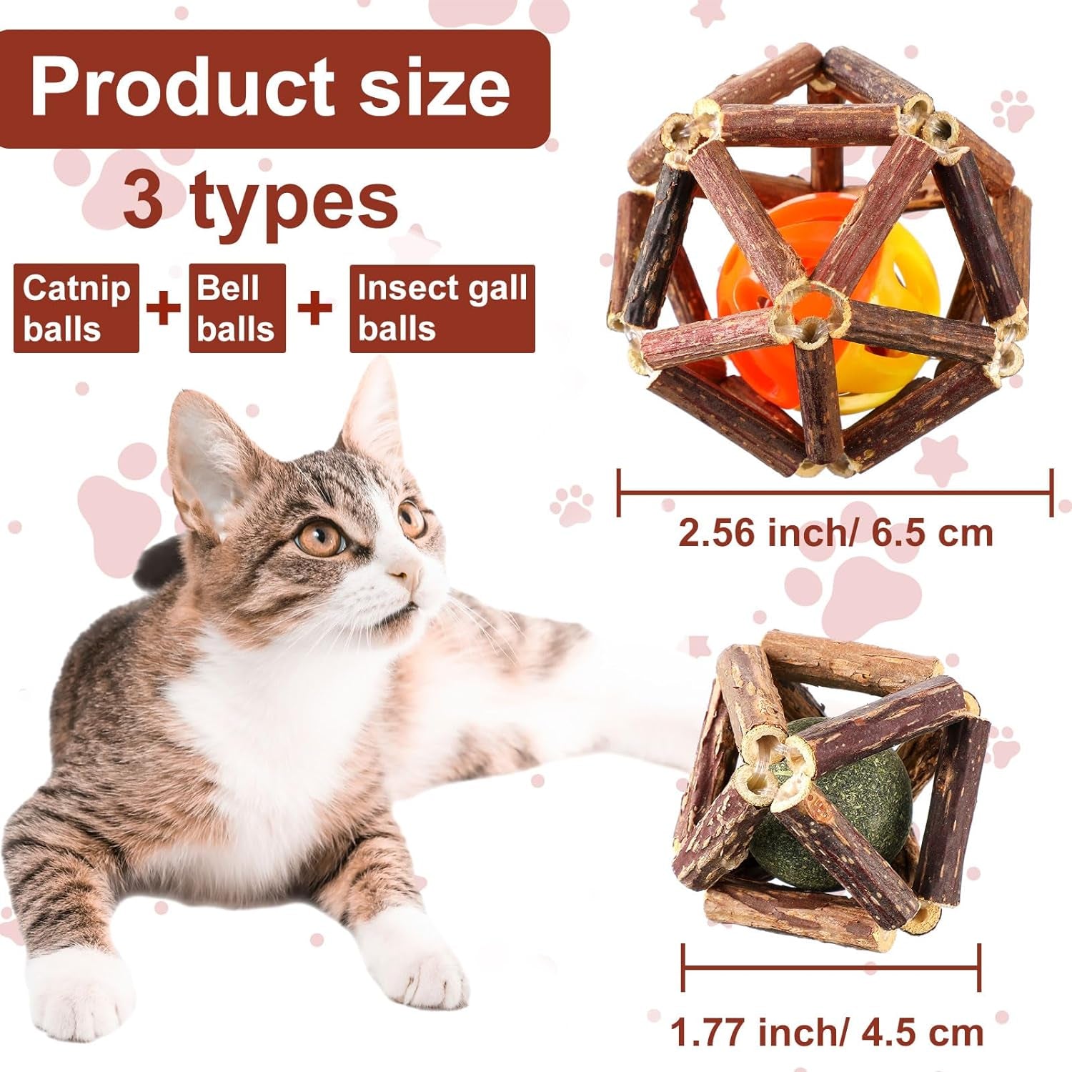 24 Pcs Cat Catnip Toys Nature Silvervine Stick Cage Cat Bell Balls Gall Fruit Catnip Cats Relaxing Toys for Pet Themed Shop, Cat Cafe, Rescues and Shelters