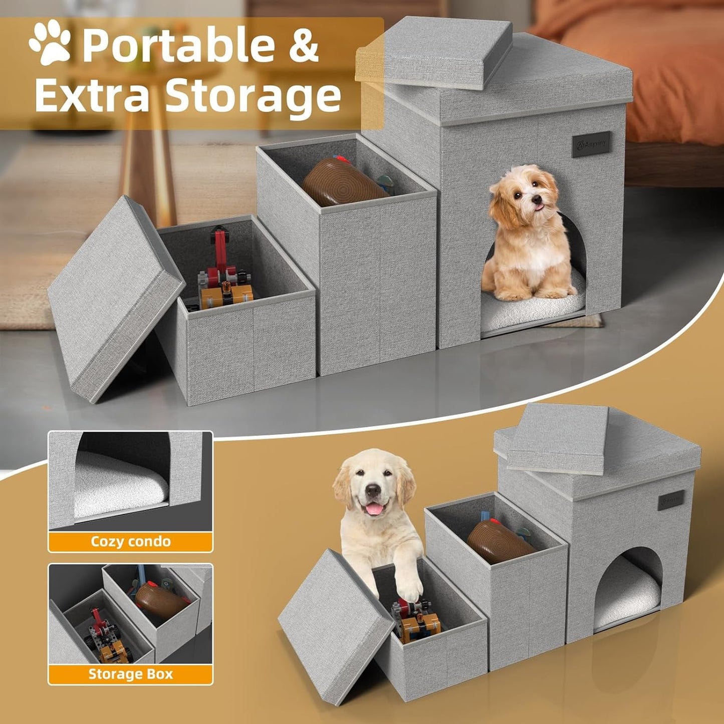 Dog Stairs-3 Steps Folding Pet Stairs with Storage Dog Steps for Bed or Couch for Small Medium or Large Dogs,Holding up to 100 Lbs Pets