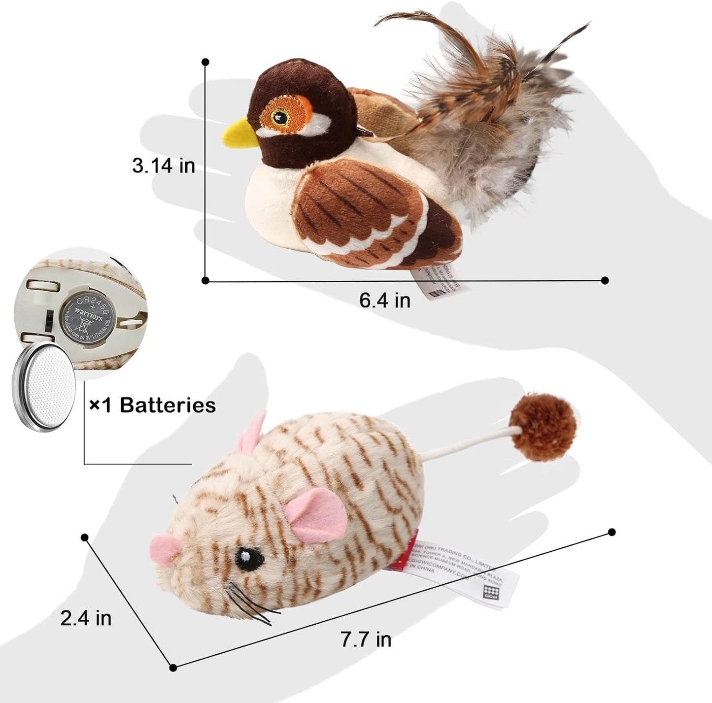 2 Pack Cat Toys Interactive for Indoor Cats Electric Moving Mouse & Chirping Bird Toys Set Squeak Sound Melody Chaser for Kitten to Play, Funning Exercise Feather Toys for Kitty