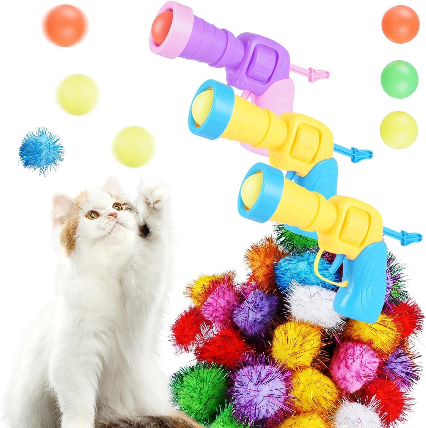 158Pcs Cat Ball Launcher Set, Interactive Cat Toy Pom Pom Balls for Bored, Lightweight and Silent Cat Toys Pet Ball Launcher Plush Ball Shoot Gun Toy for Indoor Cats Kitten (Glitter Balls)