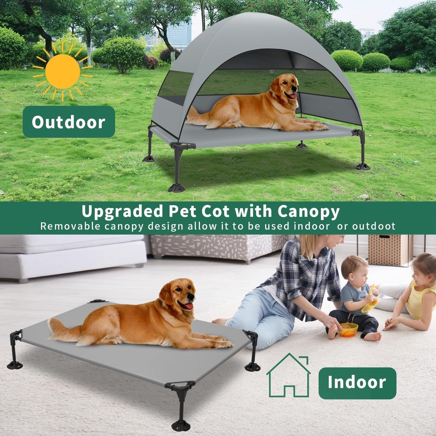 Elevated Dog Bed with Canopy, Raised Outdoor Dog Cot with Stable Anti-Slip Feet, Pet Bed with Removable Canopy Shade Tent, Dog Bed for Large Dog Indoor Outdoor (Grey, 42.0" L X 30.0" W X 33.0" Th)