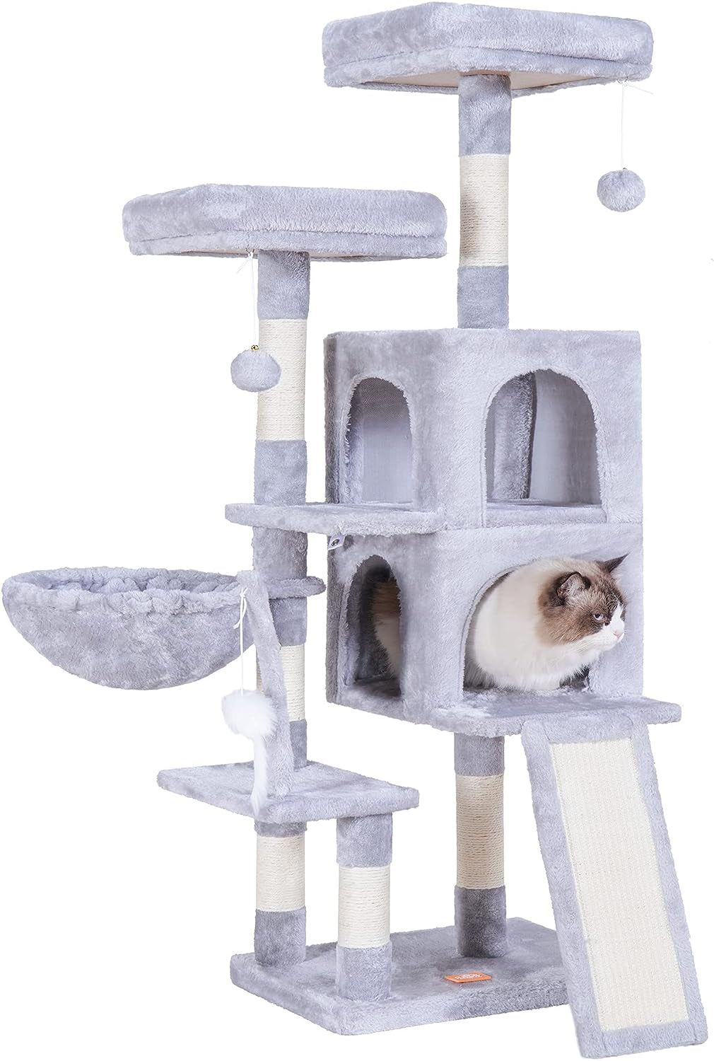 Heybly Cat Tree, Cat Tower for Indoor Cats,Multi-Level Cat Furniture Condo for Cats with Padded Plush Perch, Cozy Basket and Scratching Board Light Gray HCT014W