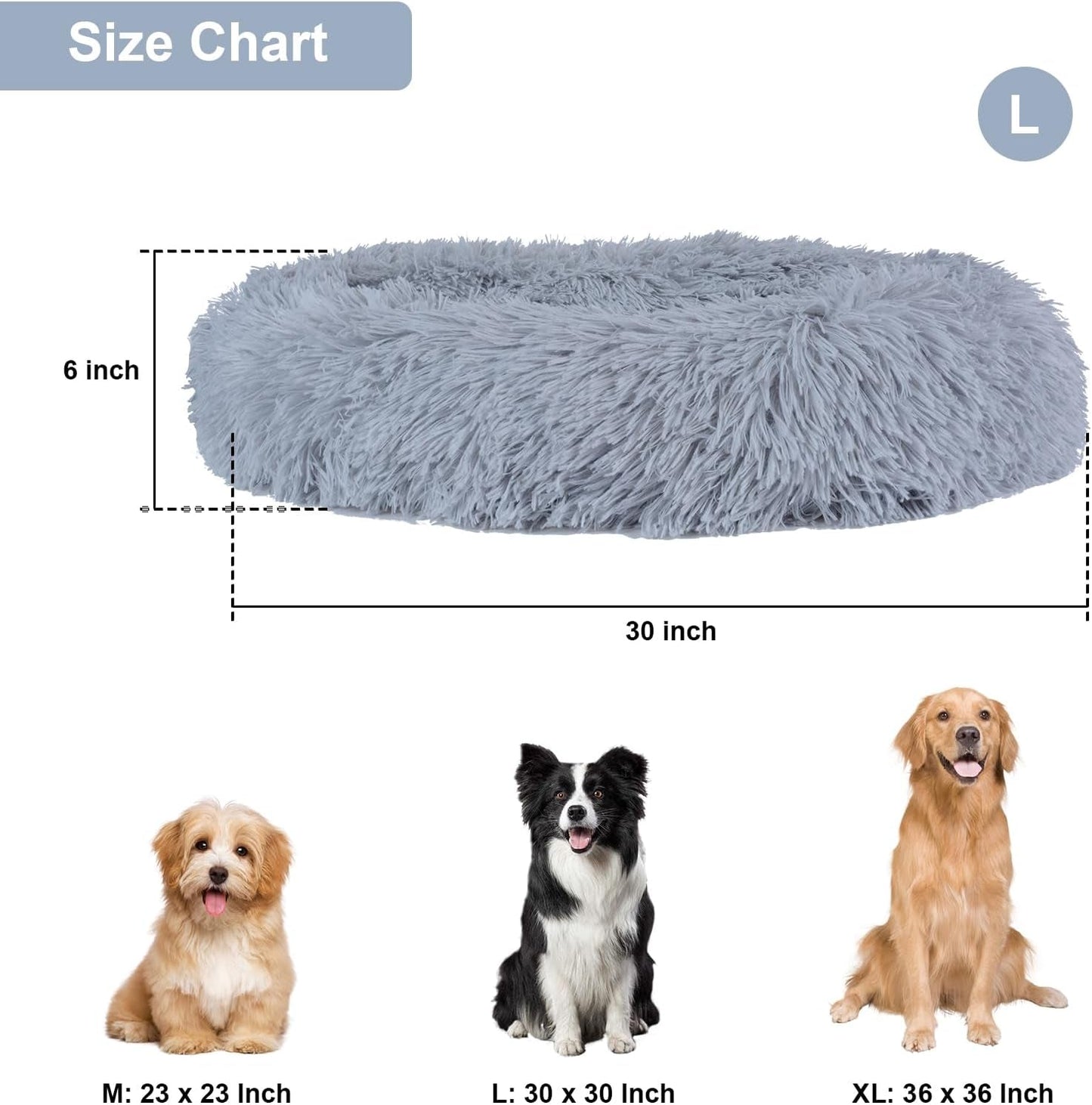 Calming Dog Bed for Small Medium Large Dogs, Soft Plush round Donut Cat Dog Bed, Anti-Anxiety Washable Donut Cuddler Pet Beds with Anti-Slip Bottom (30 X 30 Inch, Light Grey)