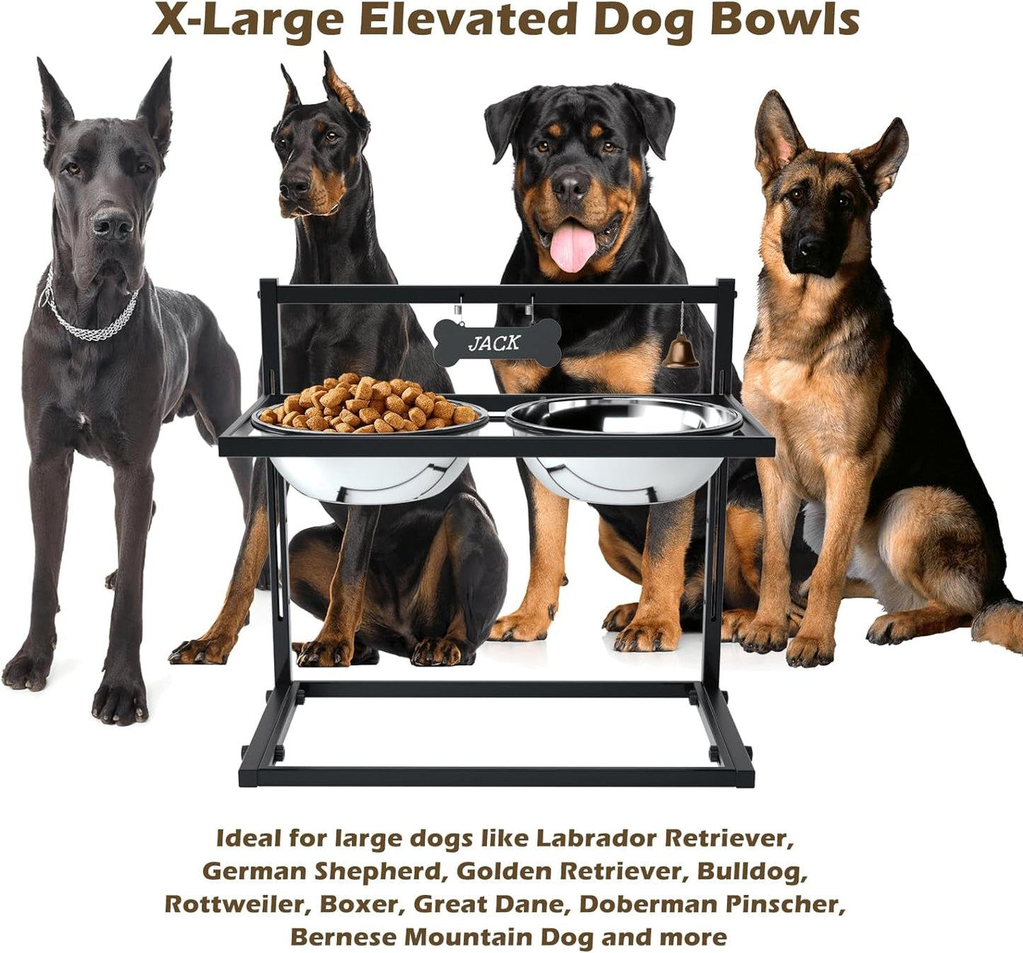 𝐗-𝐋𝐚𝐫𝐠𝐞 Elevated Dog Bowls for Extra Large Dogs with Mat,Raised Dog Bowl Stand for Large Breed Adjusable Height Dog Feeder with Two 3L(𝟏𝟑𝐂𝐔𝐏𝐒) Stainless Steel Dog Food Bowls