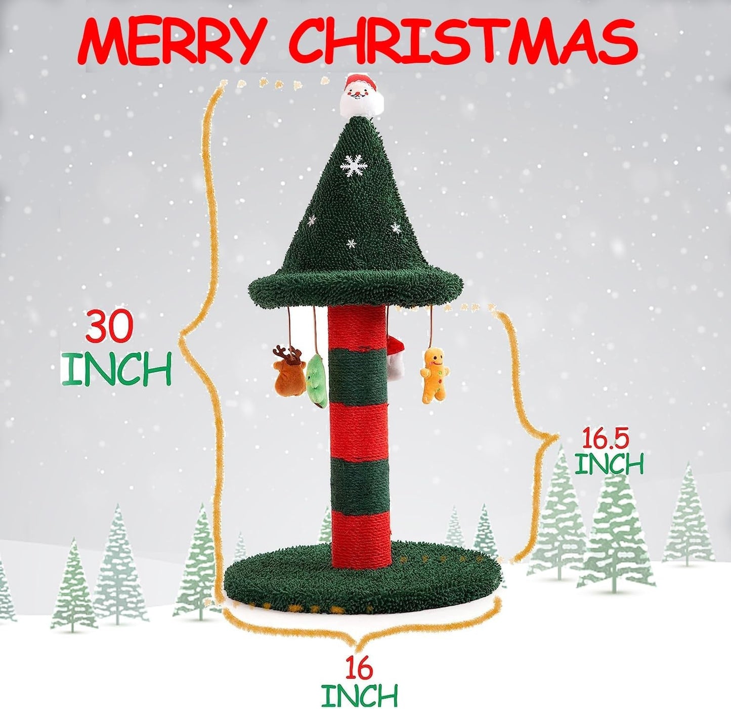 LUCKITTY Cat Scratching Post with 4 Hanging Plush Toy - Christmas Tree Alternative Give Your Cat a Toy and Scratching Post in One with This Ultimate Cat Tree 30 * 15 Inch Red Green