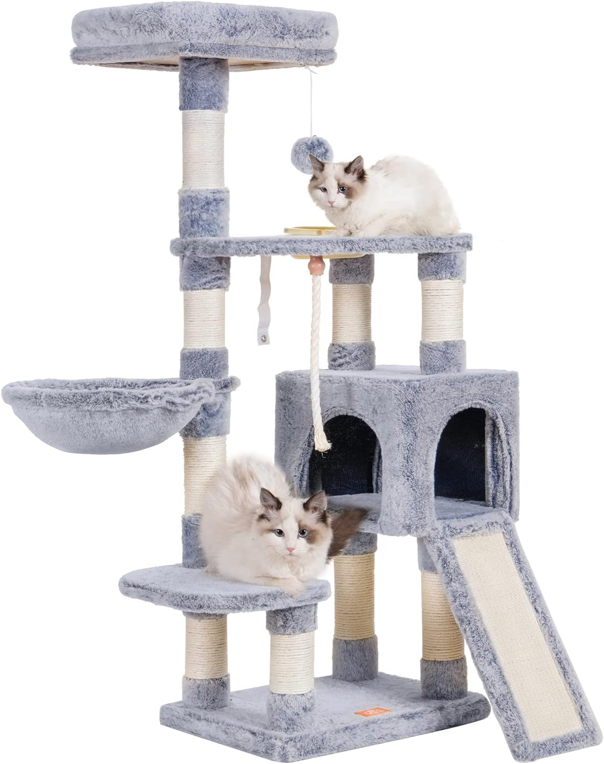 Heybly Cat Tree with Cat Self Groomer Brush, Cat Tower Condo for Indoor Cats with Padded Plush Perch,Feeding Bowl,Cat House with Basket Scratching Board Post, Light Gray HCT005SW