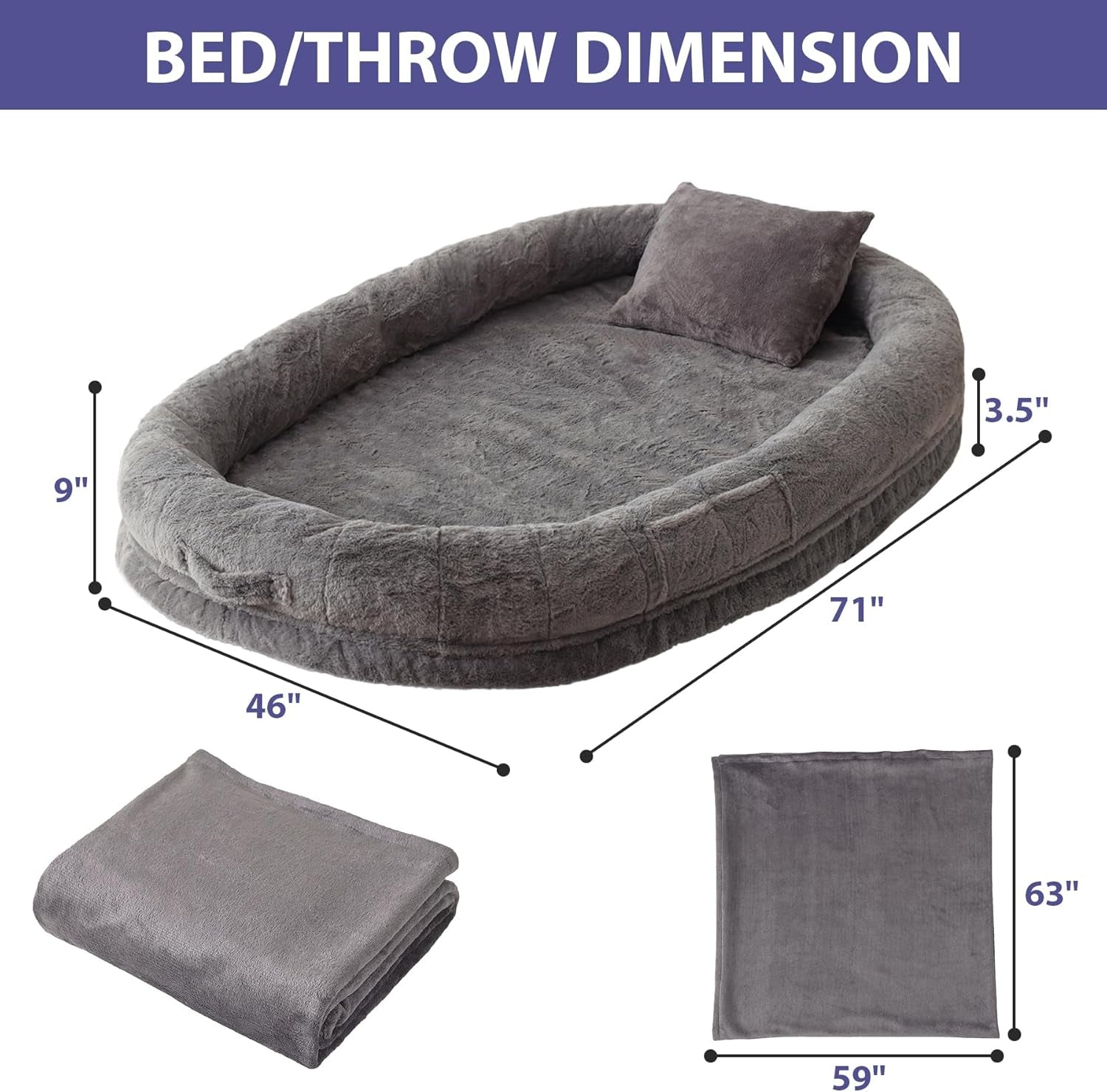 Human Dog Bed for Adult, Human Sized Dog Bed with Pillow and Blanket, Foldable Giant Dog Beds for Nap, Camping, Thickened Bottom,Fully-Enclosed,Grey, 71" X 46" X 9"