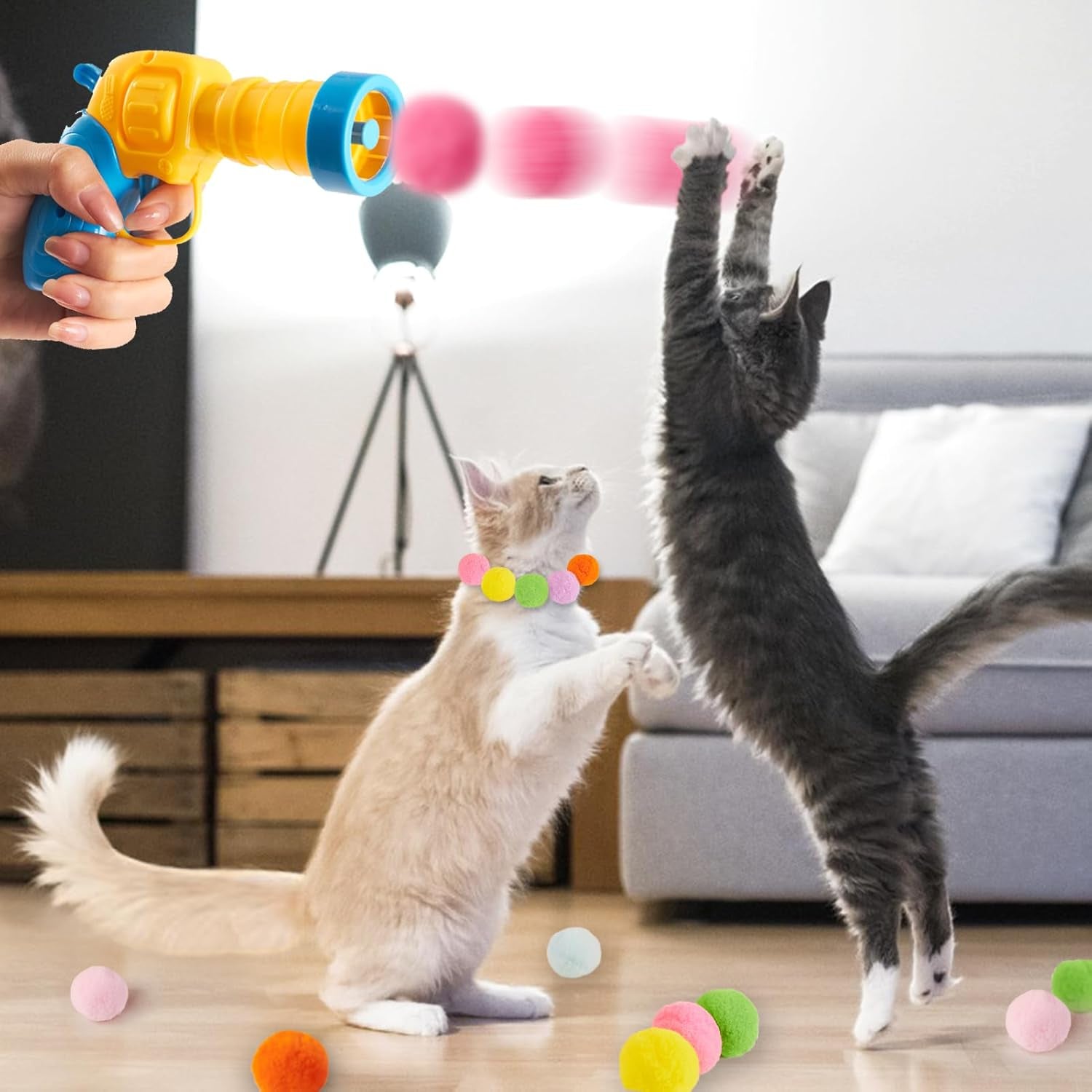 1 Cat Ball Launcher + 80Pcs Cat Toy Balls, Silent Plush Elastic Cat Ball Toy,Interactive Cat Toys for Indoor Cats Kitten Toys,Plush Ball Shoot Gun for Kitty