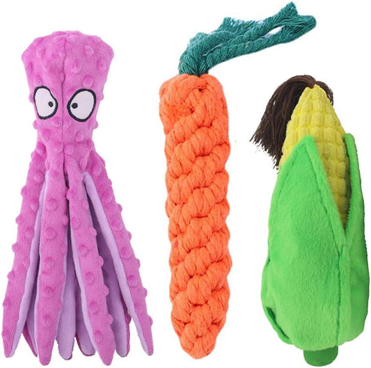 3 Pack Dog Squeaky Toys Octopus Corn-Crinkle Plush Dog Toys Squeaker inside for Puppy Teething, Durable Interactive Dog Chew Toys for Small to Medium Dogs Training Games Playing and Reduce Boredom