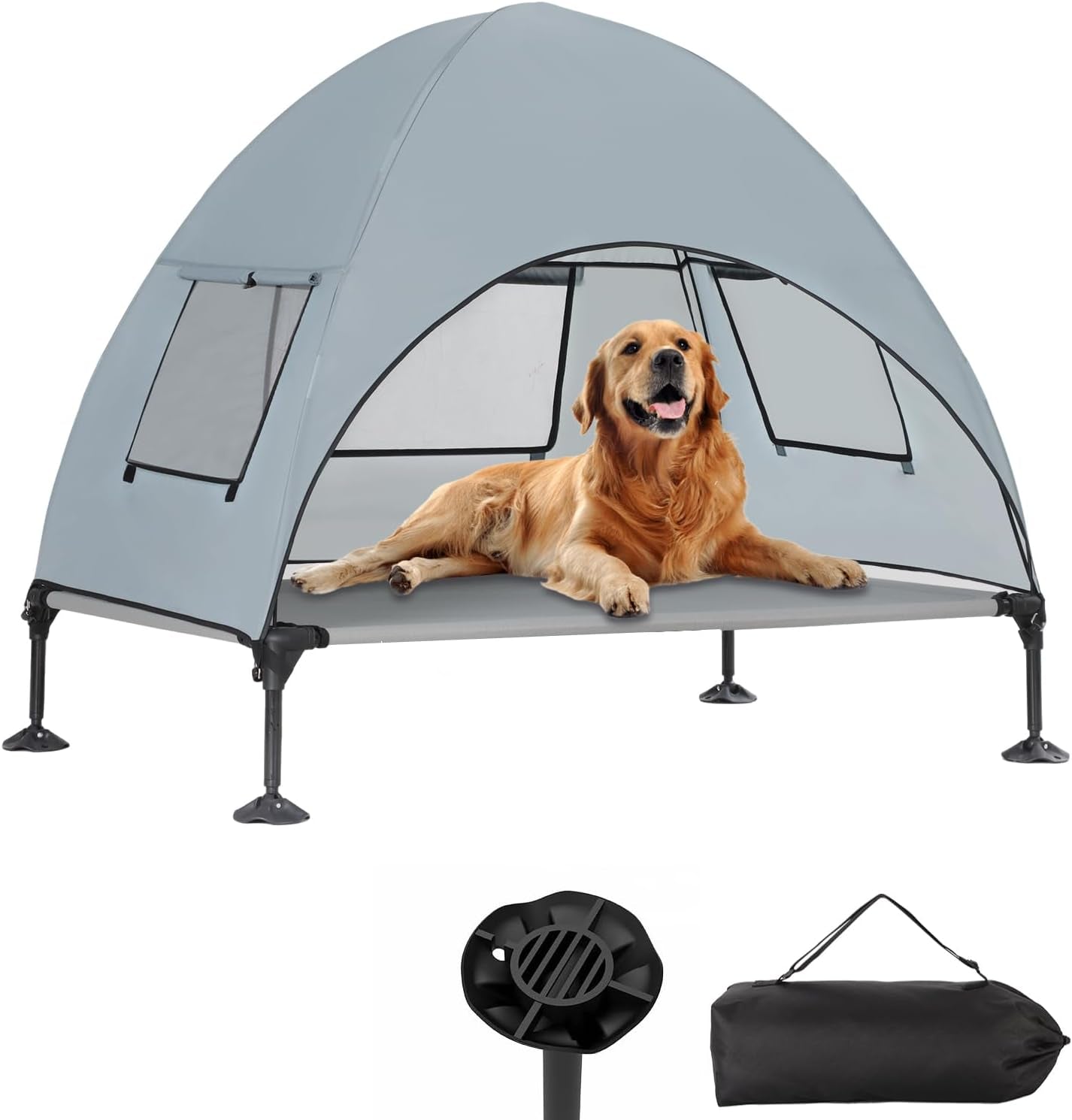 Elevated Outdoor Dog Bed with Canopy, Cooling Raised Dog Cot Bed with Removable Shade, Portable Pet Bed Cot with 360° Adjustable & Non-Slip Feet, Dog Tent Bed for Large Dogs Camping, Indoor & Outdoor