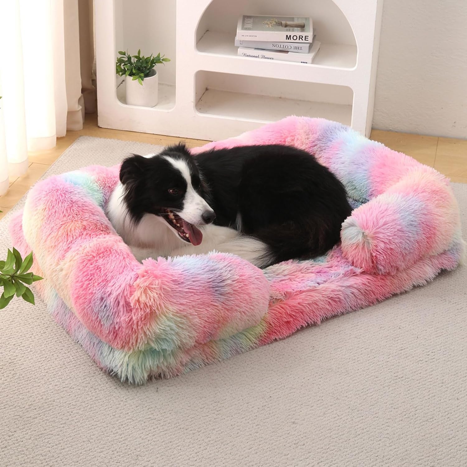 MIAO PAW Warming Fluffy Orthopedic Dog Beds for Large Dogs,Dog Bed with Plush Thick Egg Foam Support and Non-Slip Bottom,Large Waterproof and Machine Washable Pet Bed Cover (Rainbow)