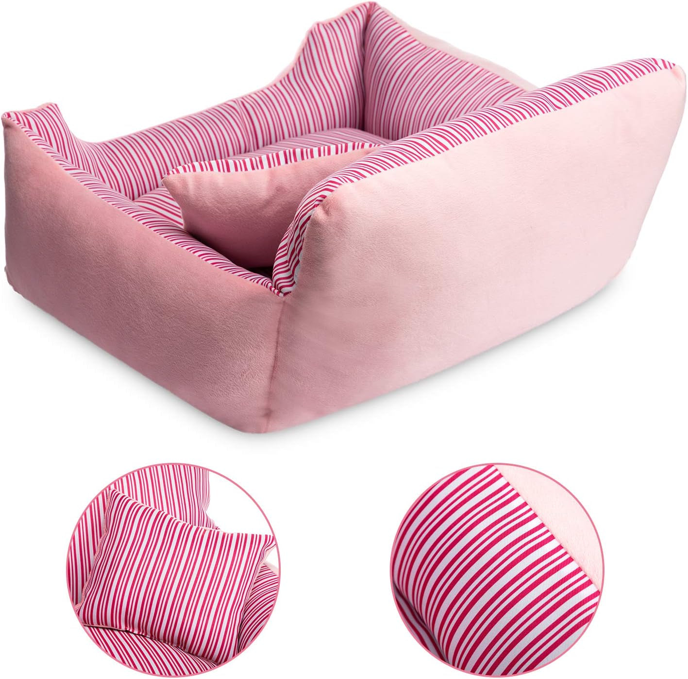 Hollypet Warm Pet Bed, Pet Sofa Small-Sized Dog Cat Plush Rectangle Nest with Pillow Puppy Sleeping Bag Cushion, Pink