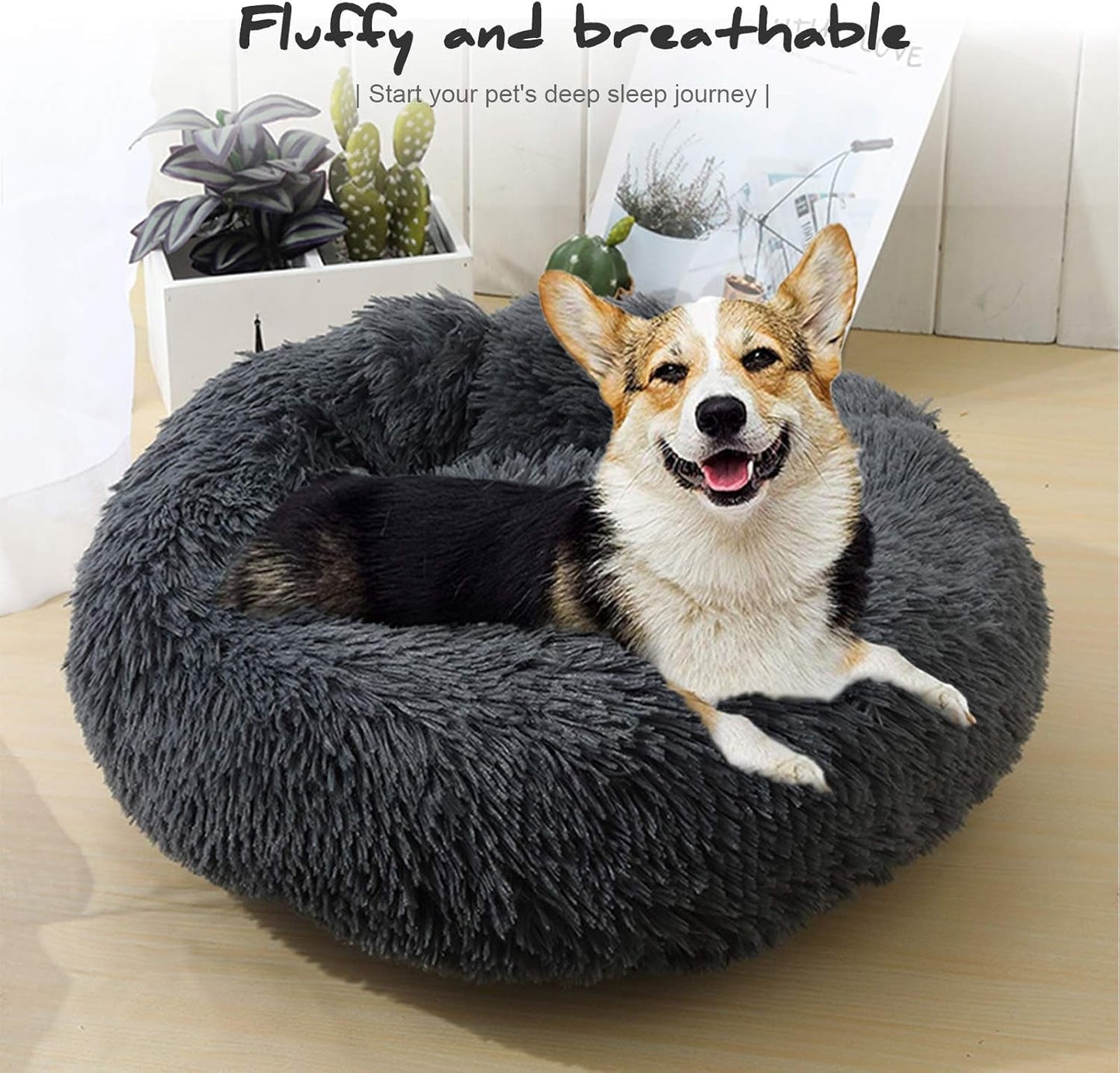 Donut Dog Bed for Medium Dogs - Veepax Non-Slip Washable Calming Pet Bed | Soft Fluffy round Dog Cat Cushion Bed (28")