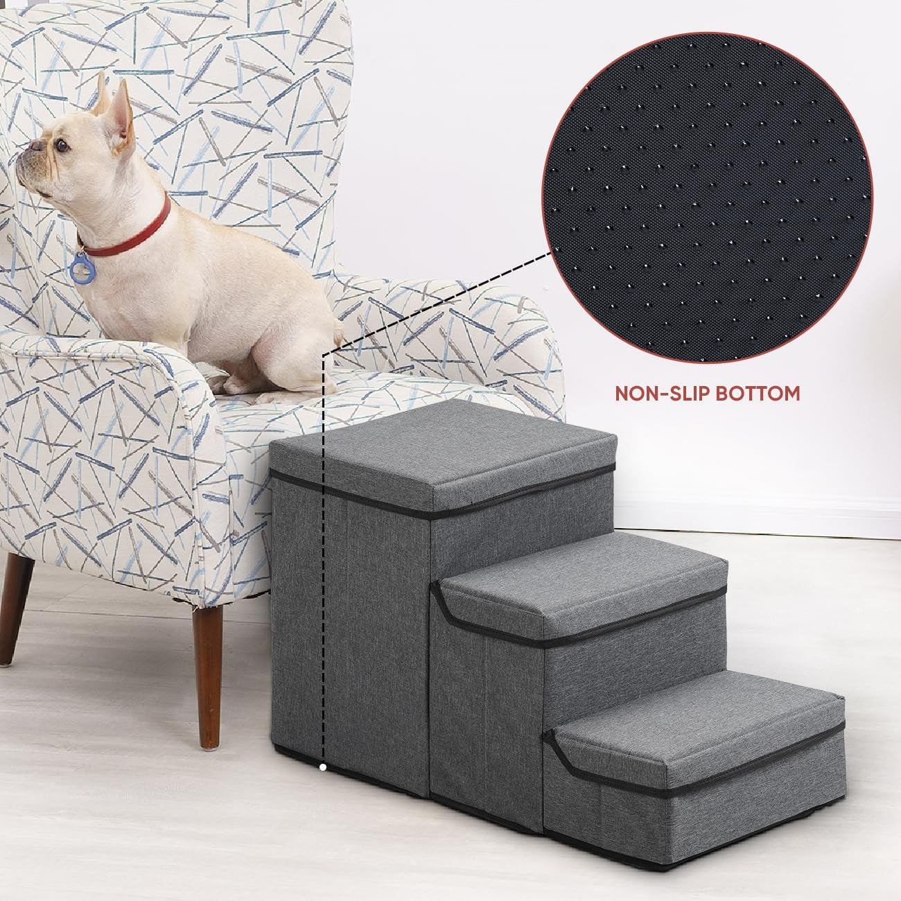 Dog Stairs Dog Steps with Storage for Small Dogs Water-Resistant 3 Tiers Foldable Pet Stairs for High Beds Sofa Stairs for Cat Dogs to Get on Bed up to 110 Lb