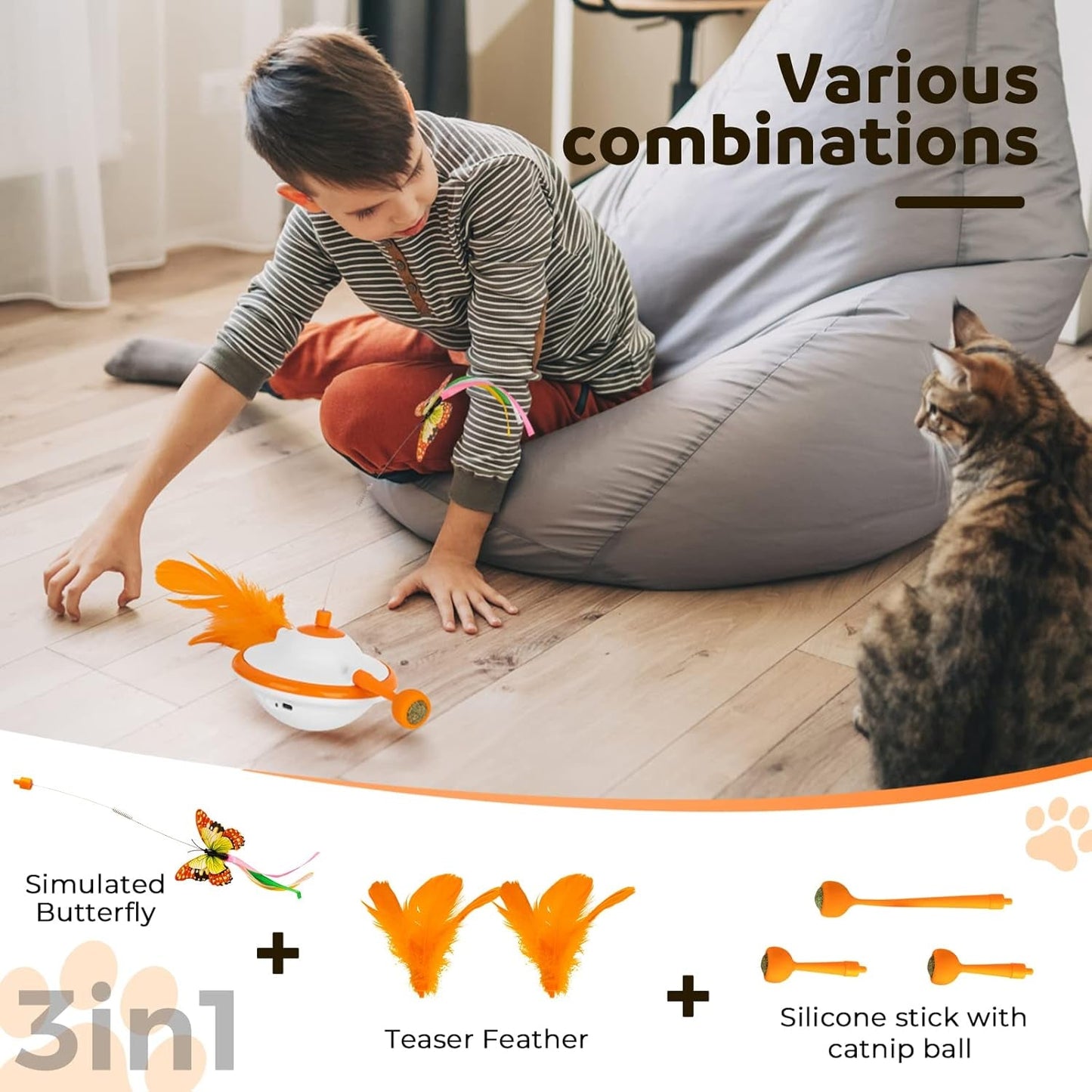 3 in 1 Cat Toys, Automatic UFO Interactive Kitten Toy, Upgraded Moving Cat Toys with Fluttering Butterfly, Feather, LED Light, Pet Exercise Rechargeable Toy for Indoor Cats(Orange)