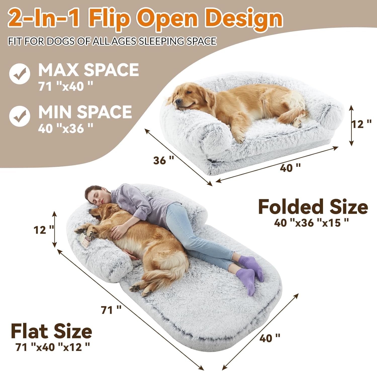 2 in 1 Foldable Large Human Dog Bed Luxury Fur Human Size Dog Bed for People,Waterproof Washable Giant Dog Bed Adjustable Fits Pet Families with Orthopedic Foam Supportive Dog Sofa