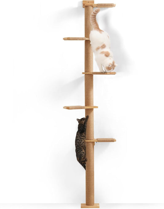 FUKUMARU Tall Cat Tree, 5 Tier Floor to Ceiling Cat Tower, Wall-Mounted Cat Scratching Post, Wild Simulation Cat Wall Shelves, Suitable for Cats Climb, Scratch, Lookout and Play