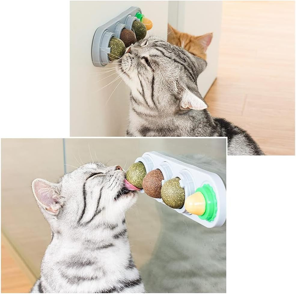 4 In1 Catnip Wall Balls for Cats, Cat Snack Catnip Ball Toys Natural Healthy Kitten Chew Toys Rotatable Indoor Cat Toy for Cat Teeth Cleaning Biting